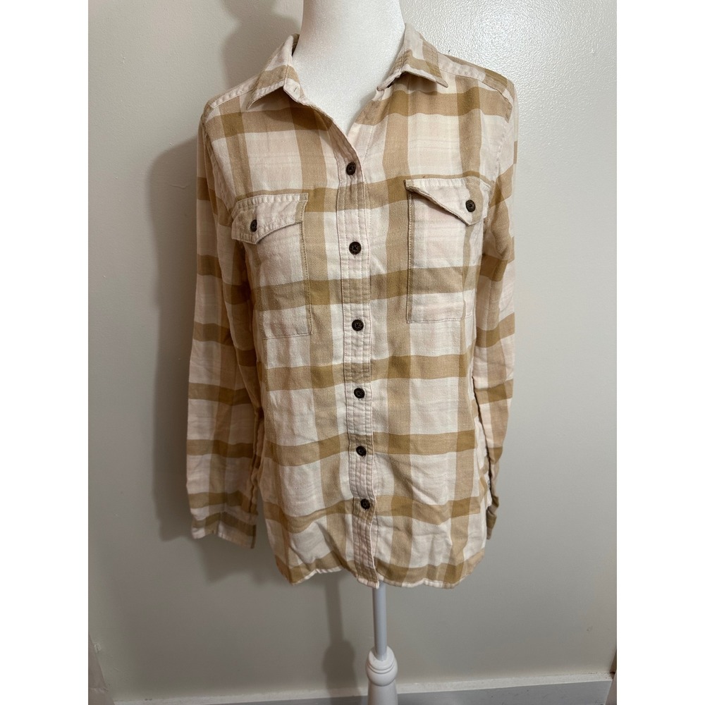 Toad&Co Womens Tan Cream Plaid Recycled Cotton Flannel Shirt Small